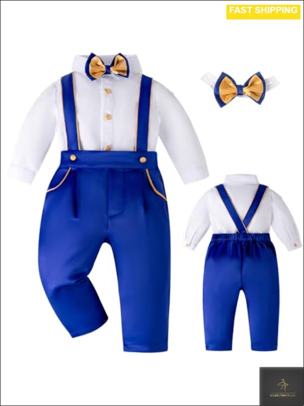 Baby Boy 3-Piece Christening Outfit Button Down Shirt Suspender Pants Bowtie